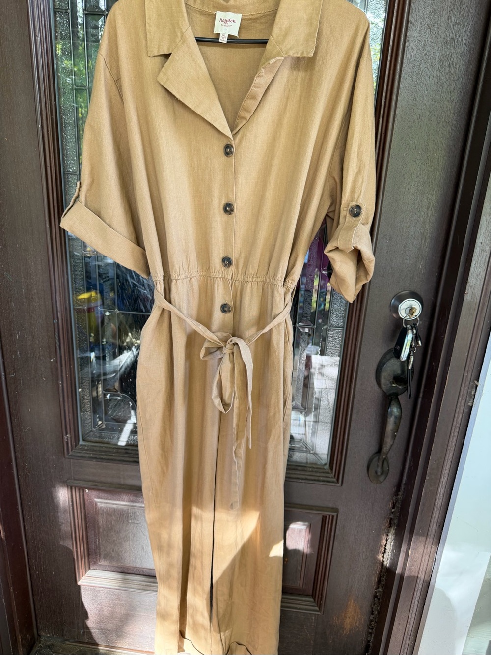 Relaxed Utility Jumpsuit in Tan with Self-Tie Waist